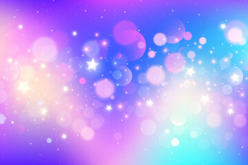 Poster - Rainbow background with stars and bokeh. Glitter cute rainbow sky. Magic pastel galaxy with fantasy sparkles. Vector abstract holographic space and iridescent gradient.