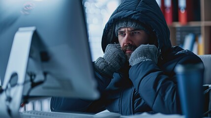 Freezing man in warm jacket and gloves working at computer in office. Unhappy warmly dressed businessman freezing in office since heating problems. copy space for text.