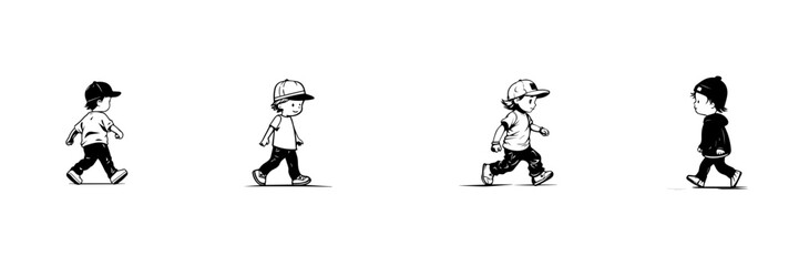Wall Mural - Black and white silhouettes of walking child 