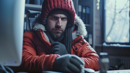 Freezing man in warm jacket and gloves working at computer in office. Unhappy warmly dressed businessman freezing in office since heating problems. copy space for text.