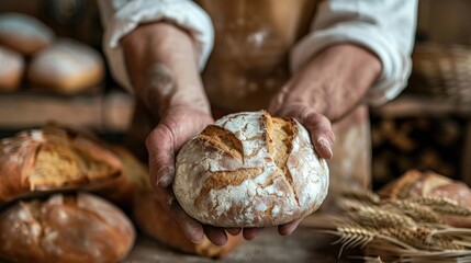 Wall Mural - Baker hands holding fresh bread on a wooden table with baked loaves in the background.