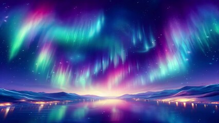 night scene of peaceful landscape and mountains view with calming rhythms of aurora borealis, seamle