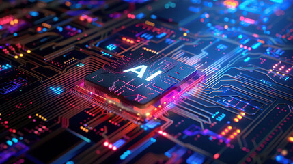 Artificial intelligence chip concept attached to digital circuit board, Generative Ai illustration