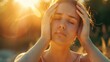 © Ketanoff - portrait of tired sick exhausted woman, beautiful girl is suffering from hot Summer heat stroke, sunshine, hot weather day, sweaty and thirsty, high temperature.