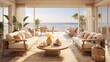 A coastal-inspired living room with sandy hues, rattan furniture, and panoramic ocean views, capturing the relaxed vibe of beachfront living.