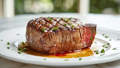 Poster - Close up of beef steak on white plate, set on table