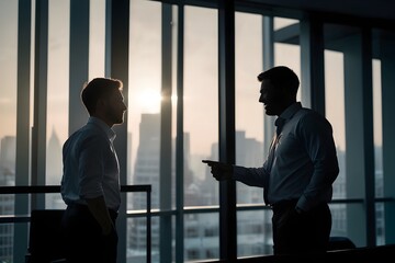 Wall Mural - business people speaking in office in the evening time in the front of window, business people in office