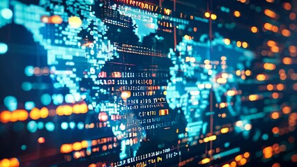 Poster - program code lines and world map on a futuristic screen