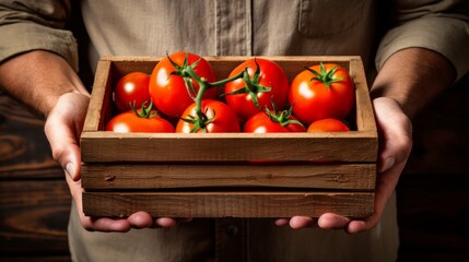 Male hands holding tomatoes in wooden box over the wooden table