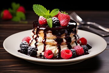 Wall Mural - Delicious layered dessert with fresh berries and chocolate sauce