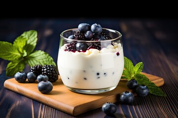 Wall Mural - Delicious layered dessert with fresh berries and yogurt
