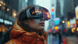 A person wearing augmented reality glasses interacting with virtual elements in a city street.