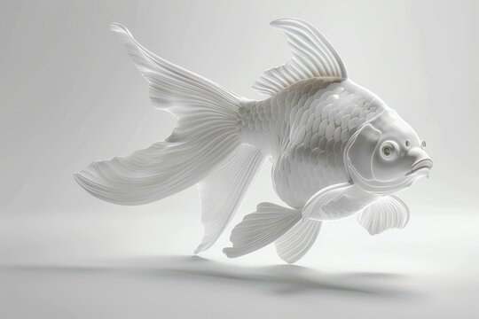 Goldfish, 3D model, stark white setting, classic curved posture, shimmering scales, gentle overhead light