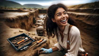 female African American archaeologist at an excavation site, showing mixture of excitement and focus