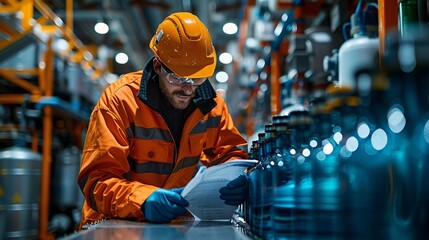 An employee is reviewing the data sheet for dangerous chemical substances in the storage area at the manufacturing site, while engaging in industrial safety measures.