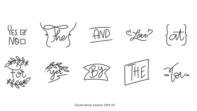 Hand drawn set of speech bubbles with handwritten short phrases on white background, Vector illustration EPS 10
