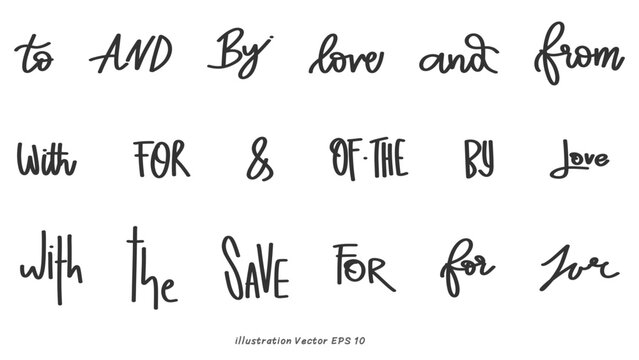 Hand drawn set of speech bubbles with handwritten short phrases on white background, Vector illustration EPS 10