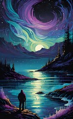 Wall Mural - Blue and purple northern lights over an ocean poster with copy space.