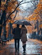 A loving couple embraces under an umbrella in the rain, enjoying their relationship and happiness in a park during a leisurely moment.