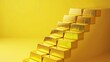 Pile gold bars on staircase against yellow backdrop, highlighting its value as a hedge against economic downturns and global conflicts.