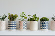 A series of minimalist ceramic plant pots with geometric patterns, arranged in a row on a white shelf, showcasing their modern aesthetic. 
