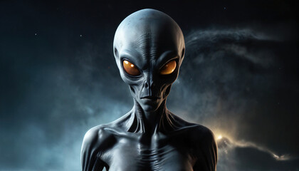 an alien with glowing eyes on a dark background. copy space. a creepy alien makes first contact, kid