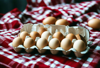 Wall Mural - 'Close view tablecloth eggs package carton Food Nature Easter Farm Chicken Cooking Healthy Egg Natural Nutrition Yellow Cuisine Ingredient Harvest Protein Boiled Hen Yolk EggshellFood Nature Easter'