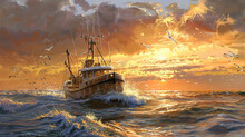 Fishing Trawler Returning To Port At Sunrise Its Hull Laden With Bounty Of Freshly Caught Fish With Seagulls Trailing In Its Wake And The Golden Hues Of Dawn Painting The Sky And Sewith Warmth