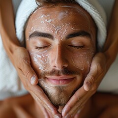 A man is having a facial treatment and provides skin care to remove dead skin cells, brighten the skin and make it glow, relaxation