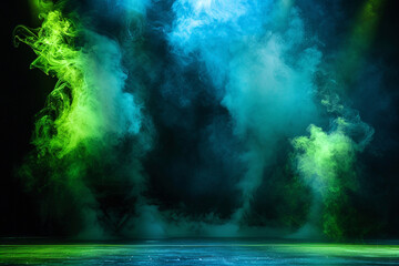 A stage with luminous lime green smoke abstract background illuminated by a royal blue spotlight, creating an electrifying contrast on a black stage.