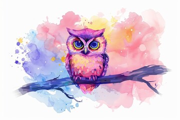 A watercolor painting of a purple owl with big eyes sitting on a branch.