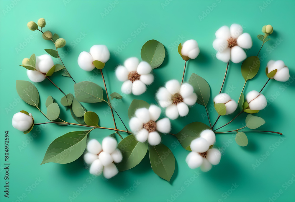 An illustration of flying cotton flowers and eucalyptus branches on a ...