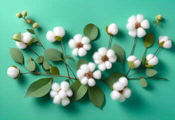 Wall Mural - An illustration of flying cotton flowers and eucalyptus branches on a mint green background