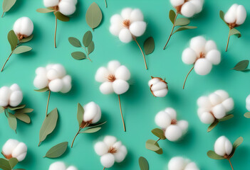 Wall Mural - A cotton flowers and eucalyptus branches on a mint green background