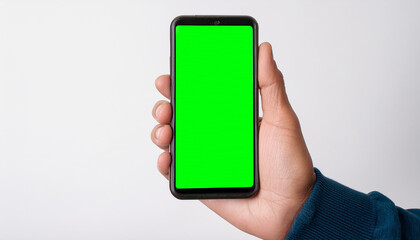 Poster - Closeup of a hand holding an smart phone with a picture of green screen