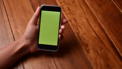 Poster - Closeup of a hand holding an smart phone with a picture of green screen