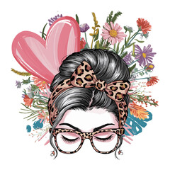 Canvas Print - 2024 mother day motherhood vector design, messy bun hair mama wildflowers illustrastion with leopard patteern