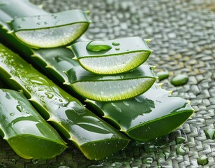 Wall Mural - Close up of vibrant green aloe vera leaves with glistening water droplets fresh and captivating