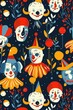Circus characters, seamless pattern design. Festive endless background with fun carnival clown, acrobat, jester. Carnaval artists, repeating print. Flat vector illustration for textile, ... See More