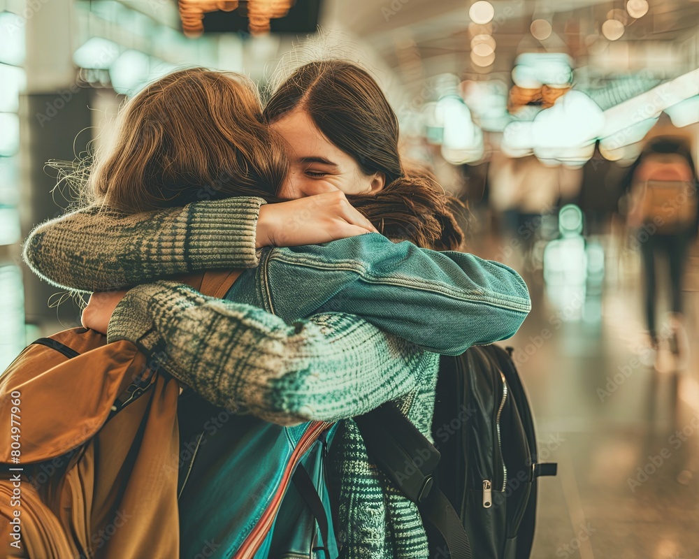 Teenage friends hugging each other goodbye at an airport, emotional and ...