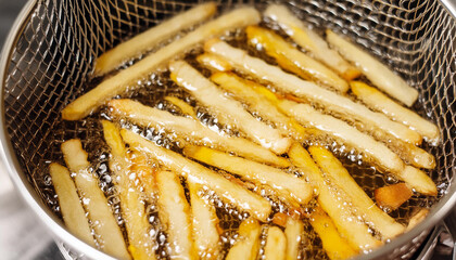 Wall Mural - Close-up of french fries being fried in professional kitchen in a deep fryer