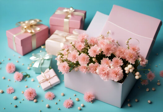 'celebration gift color paper Women's gypsophila Day greeting Composition card wrapping box background flowers Background Woman Design Flowers Paper Ribbon Spring Space Gift Box Happy Blue Card Color'