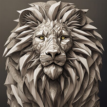 A Magnificent Lion Emerges, Crafted From A Mesmerizing Array Of Intricate Geometric Forms And Fractals, Set In Timeless 