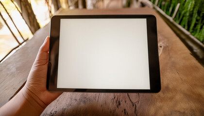 Poster - Mockup image of a hand holding digital tablet with blank white desktop screen