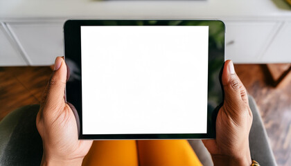 Poster - Mockup image of a hand holding digital tablet with blank white desktop screen