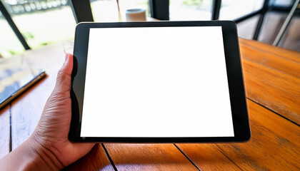 Poster - Mockup image of a hand holding digital tablet with blank white desktop screen