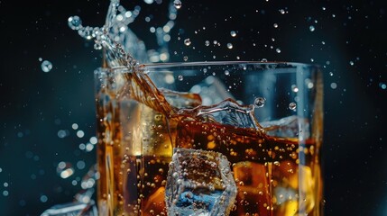 Wall Mural - Close-up of a glass with a splash of sparkling soda and ice cubes