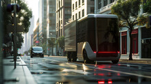 Sleek And Modern Electric Delivery Truck Navigating City Streets With Ease With Zero Emissions And Quiet Operation Contributing To Cleaner And Greener Urbenvironment.