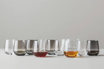 Wall Mural - A collection of minimalist glassware, like stemless wine glasses, arranged in a symmetrical pattern on a clean surface