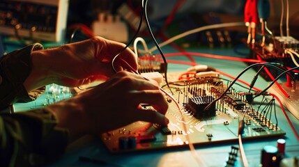 Sticker - Worker testing electronic components on a breadboard, hands and wires visible, clear focus, controlled light. 